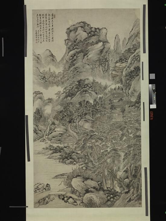 清乾隆 周芷岩 观瀑图轴 纸本 水墨 194.5x105.7cm 1746年作 上海博物馆藏