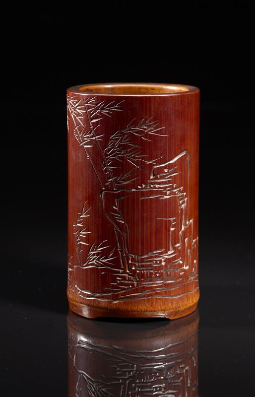 清乾隆 周芷岩制竹石图竹笔筒-1 高14.8cm、直径8.9cm 1743年作 上海博物馆藏